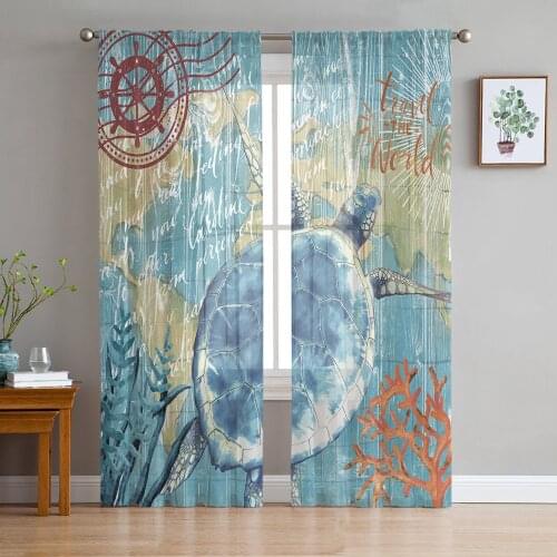 Nautical Theme Marine Life Series Turtle Voile Tulle Sheer Curtains for Bedroom Living Room Kitchen Decor Window Curtain