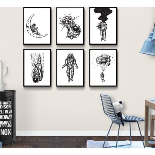 Astronaut Planet Canvas Painting Nursery Nordic Art Black White Space Posters Wall Print Pictures for Kids Boys Bedroom Decor