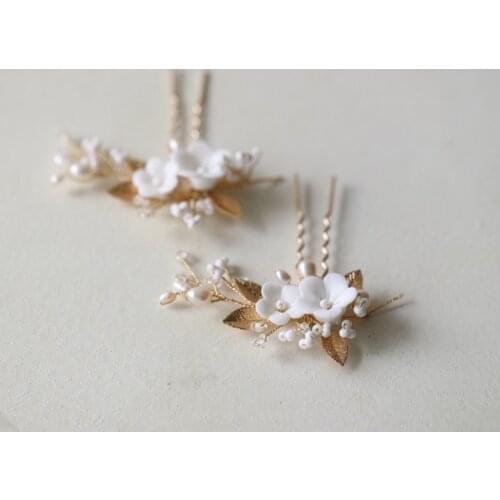 Delicate Porcelain Flower Hair Pins Bridal Clips Pearls Wedding Jewelry Women Hair Piece Accessories