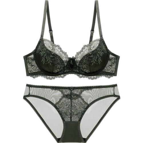 2021 New Sexy Mesh Lace Breathable Thin Lined Bra and Panties Set Push Up Plus Size Underwear Women Lingerie A B C D E Cup 95D