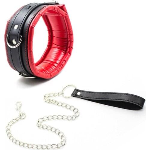 Adjustable PU Leather Padded Neck Collar With Chains Leash Choker Fetish Slave Bondage Restraint BDSM Adult Sex Toys For Couples