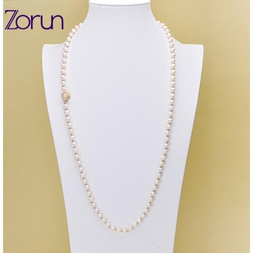 Zorun Real Freshwater Pearl White 7-8MM Sweater Chain Necklace with Gold Color Adjustable Clasp Fine Jewelry For Women New