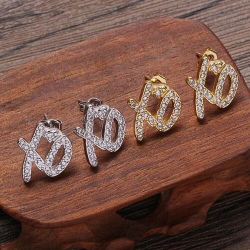 Hip HOP Pure Gold Plating Earrings CZ Bling Ice Out Stud Earring Cubic Zironia Stone XO Letter Earrings Earrings for Men Women