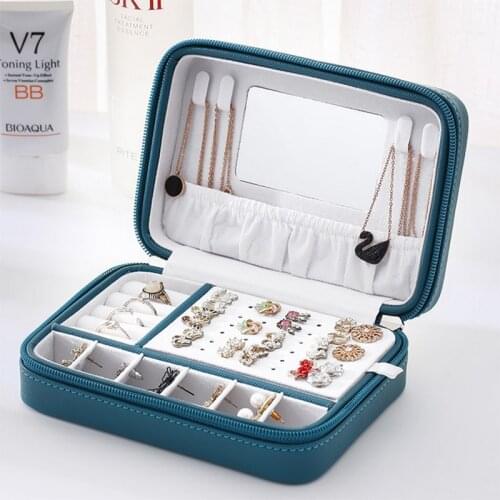 PU Leather Zipper Jewelry Box with Mirror Travel Jewelry Organizer Multifunction Necklace Earring Ring Storage Box