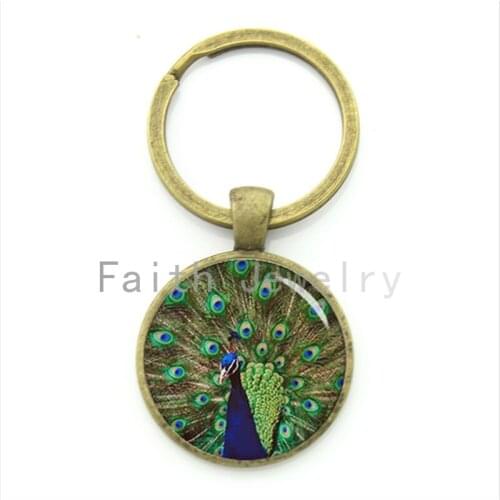 Peacock photo Glass Gem and Alloy key chain pretty peacock spreads its tail feathers keychain beautiful bird gift