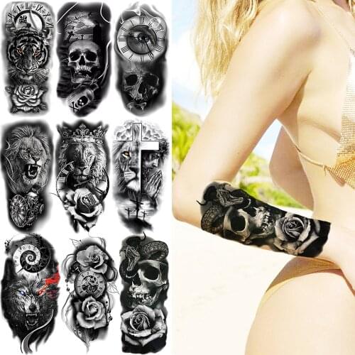 Black Skull Skeleton Snake Flower Temporary Tattoos For Women MenTiger Compass Wolf Lion Crown Fake Tattoo Sticker Forearm Tatoo