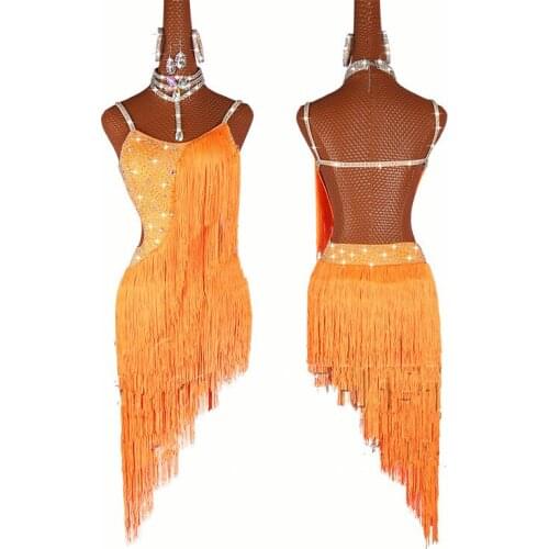 Shiny Tassel Latin Dance Dress Women Custom Professional Fringed Latin Dance Skirt Female Yellow Fringe Slant Dance Dresses