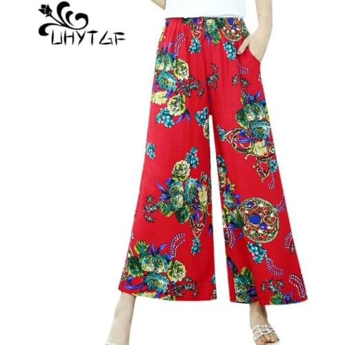 UHYTGF Womens pants High waist vintage printing summer trousers female fashion pockets wide leg loose plus size sweatpants 1653