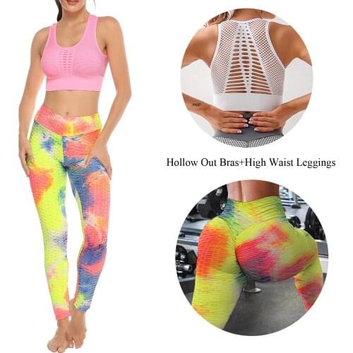 Womens Tracksuits Sets 2Pcs Suit Sets Hollow Out Bras+High Waist Leggings Sport Sets For Female Fitness Seamless Gym Clothing