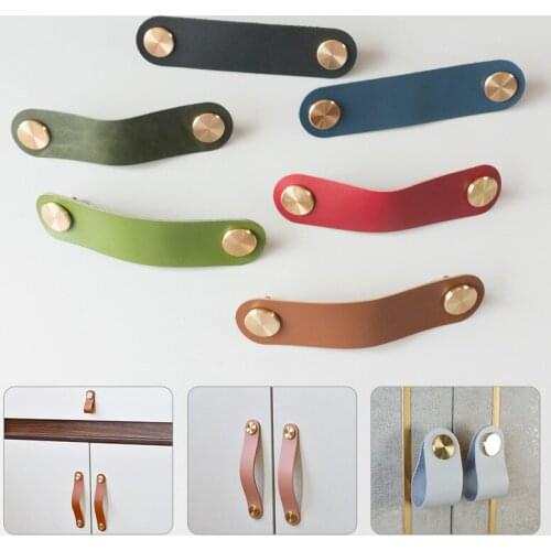 1Pc Cowhide Leather Brass Cabinet Pulls Kitchen Cupboard Handles Drawer Dresser Door Knobs Furniture Hardware 3 Size