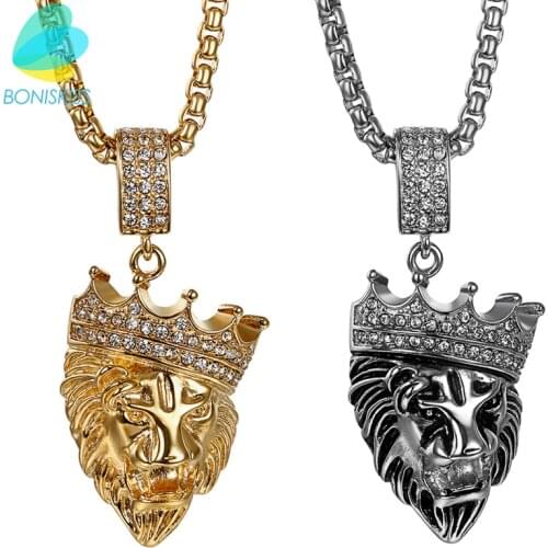 Boniskiss Hip Hop Lion Head Pendant & Necklace Animal King Punk Gold/Silver Color Hiphop Crown Necklaces For Men/Women Jewelry