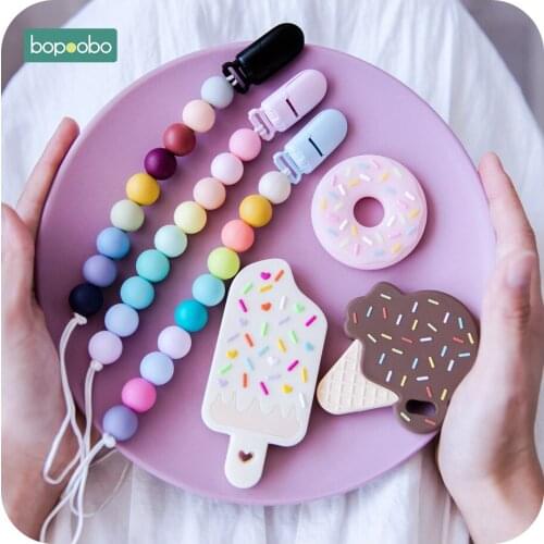 Bopoobo 1PC Food Grade Silicone Icecream Set Teething Silicone Beads Making BPA Free Baby Teethers Pendant Pacifier Clip Chain