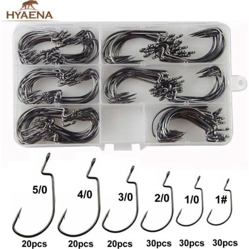Hyaena 150Pcs/Box 38105 High Carbon Steel Hook Saltwater Wide Gap Hook Worm Bait Fishing 2X Offset Strong Fishhooks