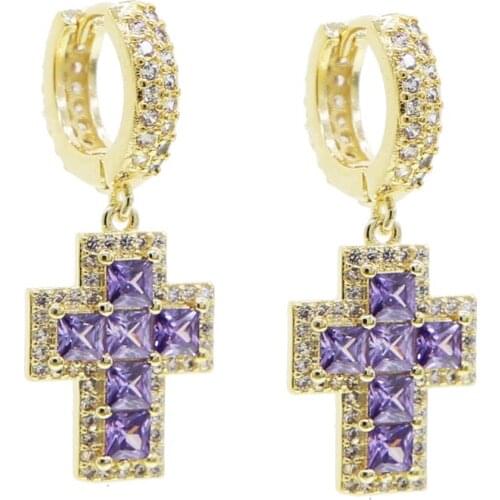 Iced out sparking bling cz white purple cz cross charm dangle earrings gold silver color luxury cubic zirconia fashion jewelry