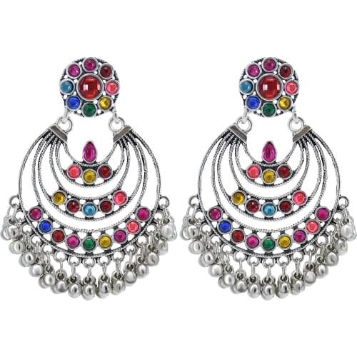 Indian Oxidized Silver Color Metal Drop Earrings for Women Boho Multicolors Crystal Bells Tassel Piercing Earring Bridal Party