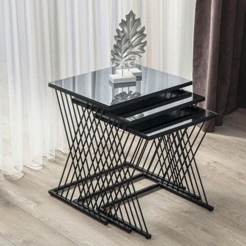 Mobi Home Venetian Metal Mirrored Black 3-Set Nesting Table Stylish Modern Living Room Living Room Office