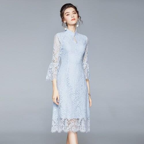 Fashion Designer Hollowed Out Lace Dress For Women Autumn Elegant Lotus Leaf Sleeve Casual High Waist Simple Banquet Dresses