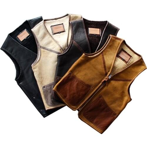 2019 New Men Shearling Genuine Leather Sheepskin Jacket Vest Fashion V-neck Wool Liner Winter Russia Coat Vests M-4XL