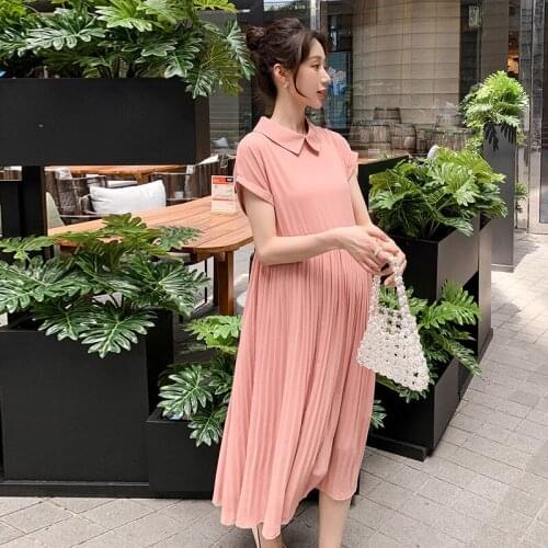 New Pregnant Woman Dress Chiffon Pressure Plait Short-Sleeved Summer Dress Loose Turn-Down Collar Maternity Leated Dress