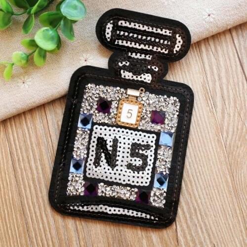 New Embroidered NO5 patches for clothing Color Perfume bottle badge iron on applique rhinestone sequins patch diy accessories