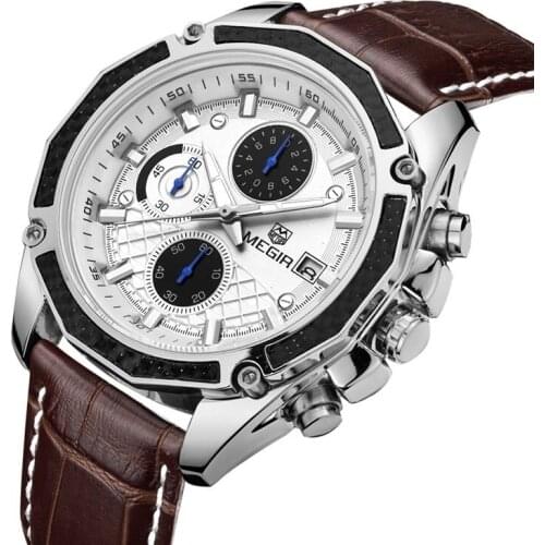 Megir Chronogarph mens watch top brand luxury quartz leather strap sport watches military wrist watch for men reloj hombre 2015