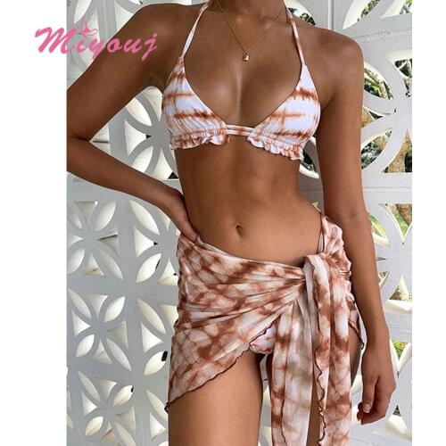 Sexy Sarong Fashion Three Piece Beachwear For Cover Ups Swimwear Women Leopard Print 2021 Swimsuit Halter Bikini Set Beach Wrap