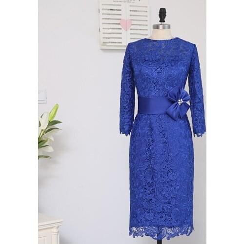 Mother of The Bride Dresses with Bow Lace O-neck Three Quarter Wedding Party Gowns Sheath Knee-Length Mother Dresses for Wedding