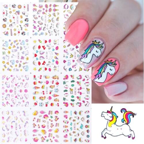 Stunning Unicorn Water Stickers Myth Animal Sliders For Nails Rainbow Donuts Ice Cream Nail Art Decals Equipment BEBN1057-1068