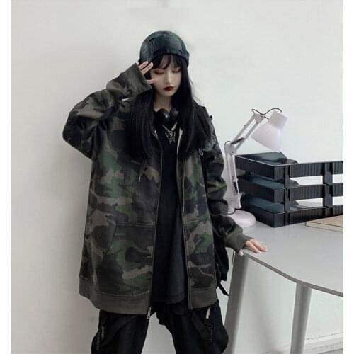 Plus Size Hoodies Loose Zippered Camouflage Coat Super Fire Top Sweatshirt Zip Harajuku Hoodie Oversized