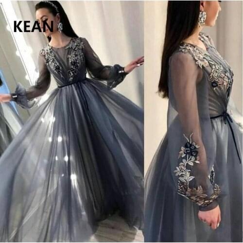 Gray Evening Dress Full Sleeve Applique Robe De Soiree Formal Dress Islamic Dubai Kaftan Saudi Arabic Prom Dress vestidos