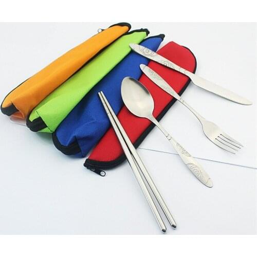 Camping cookware chopsticks Spork fork stainless steel knife utensil spoon set Picnic camp cutlery tableware flatware with bag