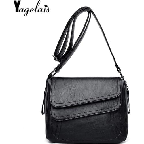 Fashion Lady Messenger Bag Black Soft Washed Leather Shoulder Bag Patchwork Messenger Bag Small Flip Bag Girl