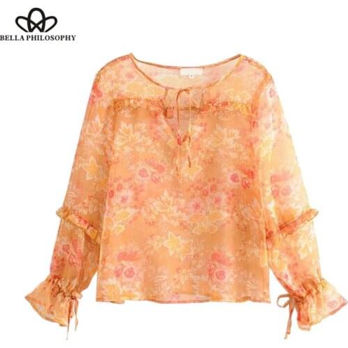 HStar Vintage Floral Print Ruffled Tops Women Blouses 2020 Fashion Bow Tie Sleeves See Through Shirts Casual Blusas