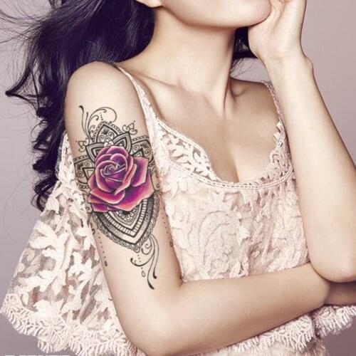 Waterproof Temporary Tattoo Sticker Purple Rose Sanskrit Flower Jewelry Design Fake Tattoos Flash Tatoos Arm Body Art for Women