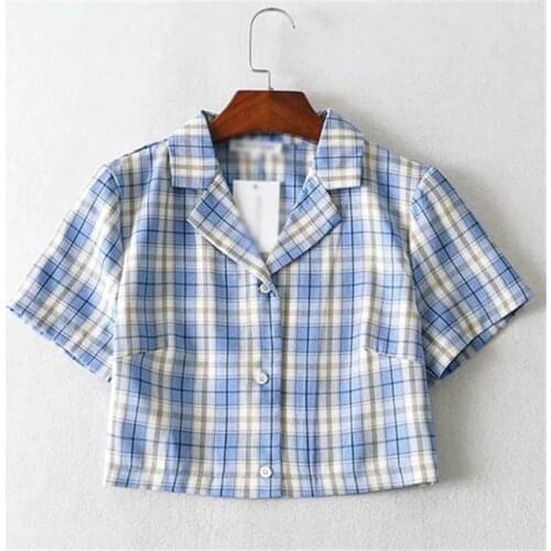 Notched Plaid Womens Shirts Black Single Breasted Short Sleeve Female Cropped Top Girls 2021 Streetwear Korean Sweet Lady Shirt