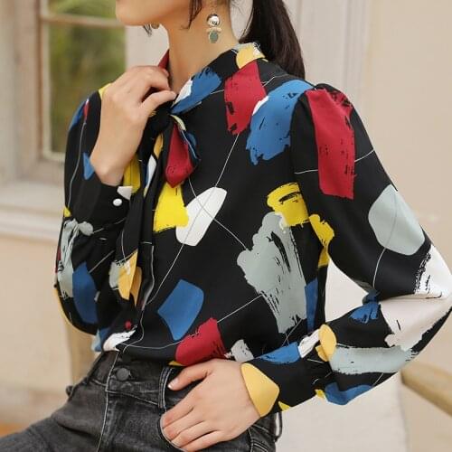Free shipping woman feminina Womens vintage blouse fashion clothes 2020 spring autumn geometric printed shirts female A6134