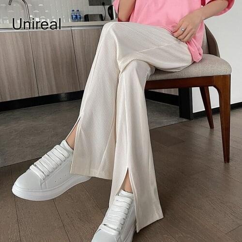 Unireal 2021 Summer Women Wide Leg Pants Casual Trousers Elastic Waist Streetwear Slit High Waist Pants
