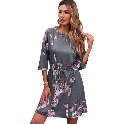 Fashion Print Vestidos De Mujer Casual Grey Floral Long Sleeves Summer Sleepwear Women O Neck Sleeping Dress Short Homewear