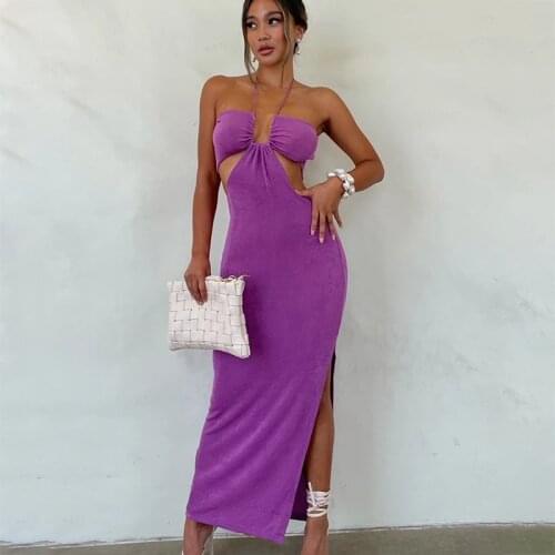 Tinastyle Halter Cut Out Sexy Maxi Dress Women Backless High Split Bodycon Beach Party Dress Vestidos Y2K Causl Nightclub Dress