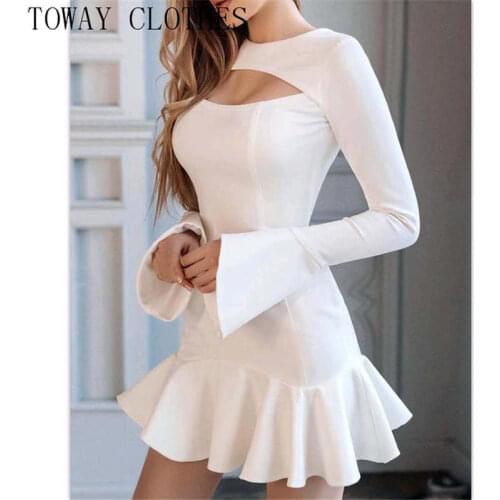 Women Pleated Plain Flared Sleeve Ruffle Hem Cutout Dress Skinny Sexy Party Dresses