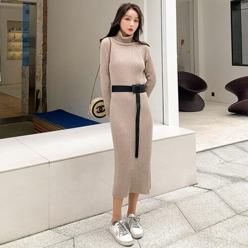 Autumn Winter Knit Thick Dress With Belt Fashion High Collar Long Sleeve Ribbing Midi Dresses For Women Khaki Robe Femme