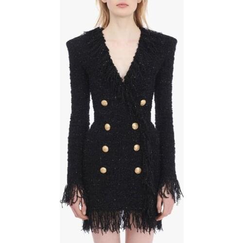 HIGH STREET 2020 Stylish Designer Dress Womens V-neck Double Breasted Lion Buttons Fringed Tassel Tweed Dress