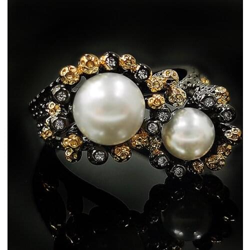 Vintage 925 Sterling Silver Baroque Freshwater Pearls Rings for Women Black Gold Filled Cocktail Fine Jewelry Ring gift