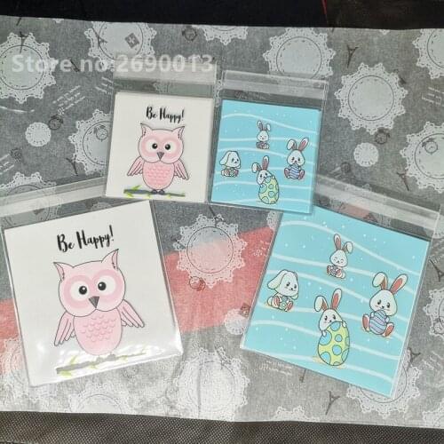 100Pcs Rabbit Owl Candy Cookies Bags With Adhesive OPP Plastic Gift Bag Wedding Home Party Food Packaging Kids Birthday Cartoon