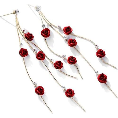 2021 Red Rose Drops Earrings Long Tassel Dangle Women Wedding Party Jewelry Gift HSJ88