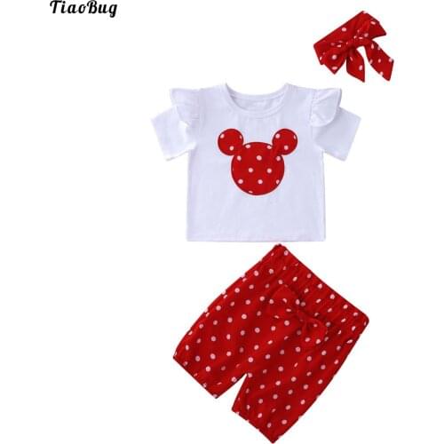 TiaoBug 3Pcs Infant Baby Girls Suit Round Neck Short Sleeves Polka Dots Cartoon Mouse Print T-Shirt With Shorts And Headband Set