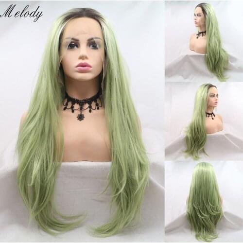 Melody Long Green with Dark Root Silky Straight Synthetic Lace Front Wigs for women, Drag Queen with Heat Resistant Fiber Hair