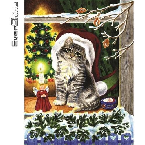Evershine 5D DIY Diamond Embroidery Cat Full Square Diamond Painting Christmas Cross Stitch Kit Animal Art Home Decorations