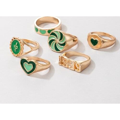 HI MAN 6 Pcs/Set Creative Enamel Heart Flower Snake Digital Fan Ring Women Personality Birthday Party Jewelry Accessories