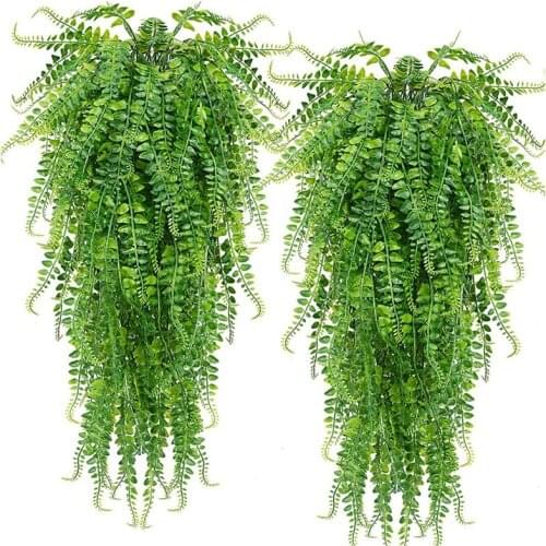 2 Pcs Artificial Hanging Ferns Plants Vine Fake Ivy Boston Fern Hanging Plant Outdoor UV Resistant Plastic Plants